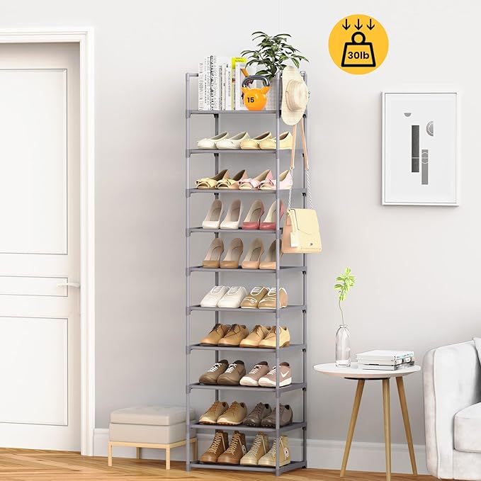 10 Tiers Tall Shoe Rack Narrow 20-24 Pairs Shoe Rack for Closet Entryway Vertical Metal Shoe Rack Organizer Shoe and Boots Or