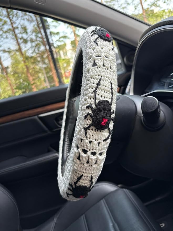 Crochet Spider Steering Wheel Cover Universal 14-15 inch (C,Steering Wheel Cover)