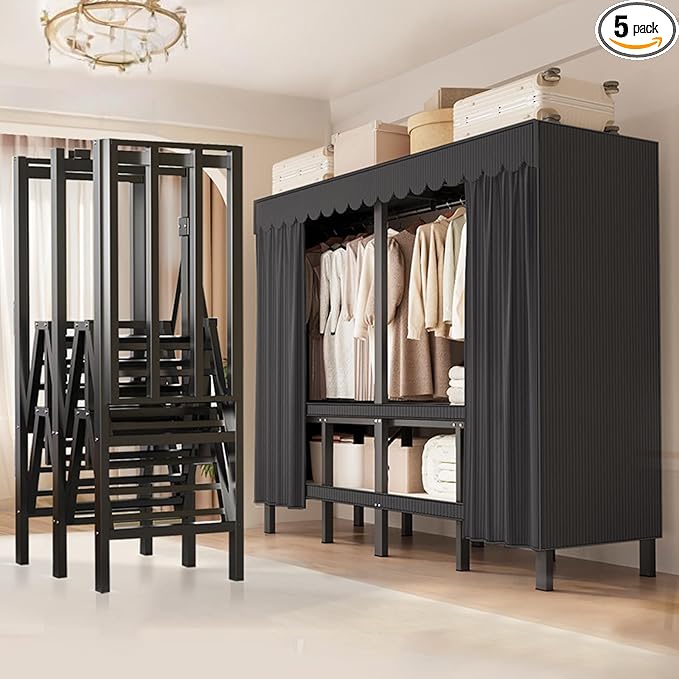 66.1in Heavy Duty Clothes Rack with Black Cover Foldable Covered Clothes Rack for Hanging Clothes portable Wardrobe Closet Sy