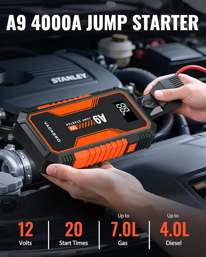 Jump Starter 4000A, VACASSO A9 Battery Jumper Starter Portable (7L Gas/4L Diesel), 12V Car Battery Booster Jump Starters
