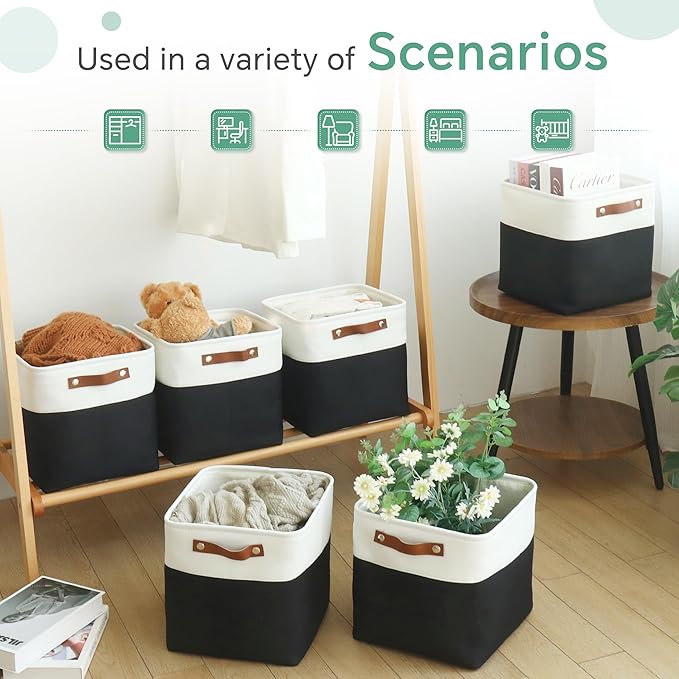 FinishingBo Cube Storage Baskets 6 Pack, 11x11 inch Cube Storage Bins with Leather Handles for Shelf Closet (White/ Black)