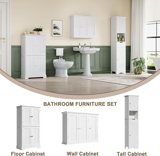 ChooChoo Bathroom Wall Cabinet with 3 Doors, Laundry Cabinet Wall Mounted, Medicine Cabinet with Adjustable Shelves, Hanging 