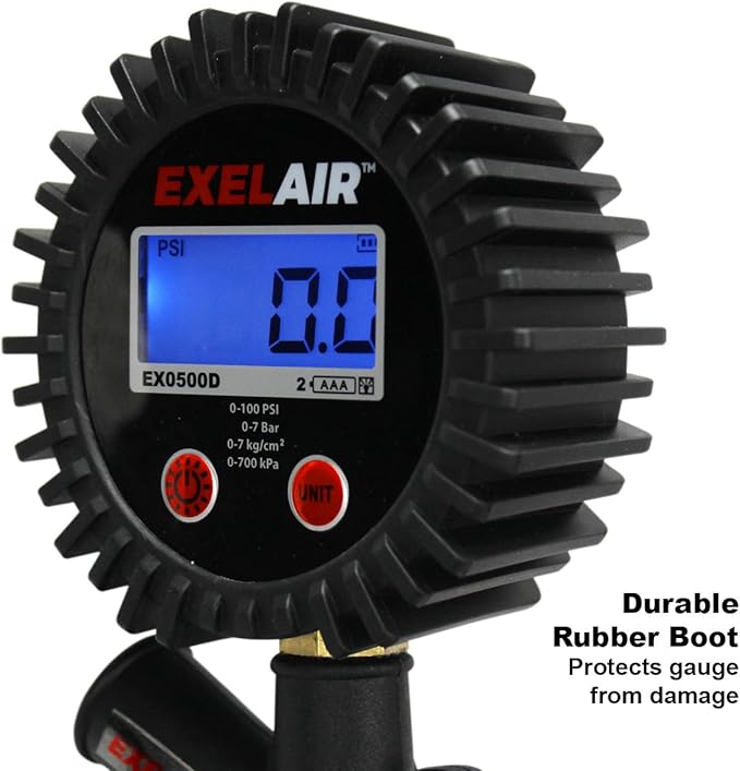 EXELAIR Digital Pistol Grip Tire Inflator Gauge EX0500D, Easy Clip Air Chuck, Easy to Read 0.1 Display, Pistol Grip Handle, 100 PSI Max Pressure, 16" Air Hose, 1/4" NPT (PSI, kPa, Bar, and kg/cm2)