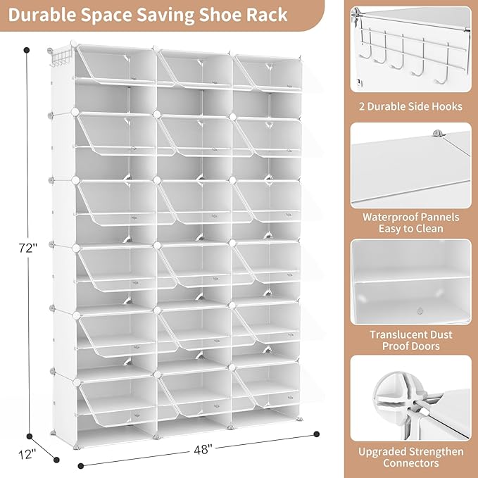ROJASOP Portable Shoe Rack Organizer with Door, 72 Pairs White Shoe Storage Cabine Covered Shoe Rack Shoe Organizer for Close