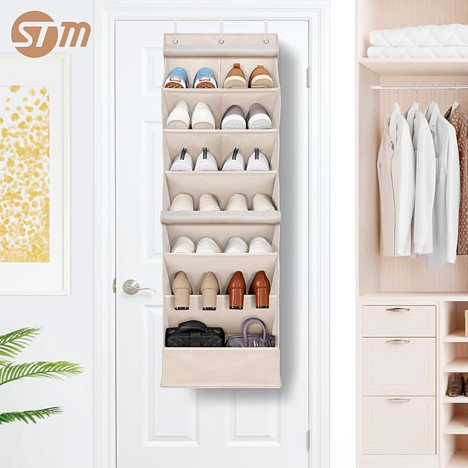 STORAGE MANIAC Over the Door Shoe Organizer with Curtain Dustproof Heavy-Duty Large Deep Pocket Hanging Shoe Organizer for Cl