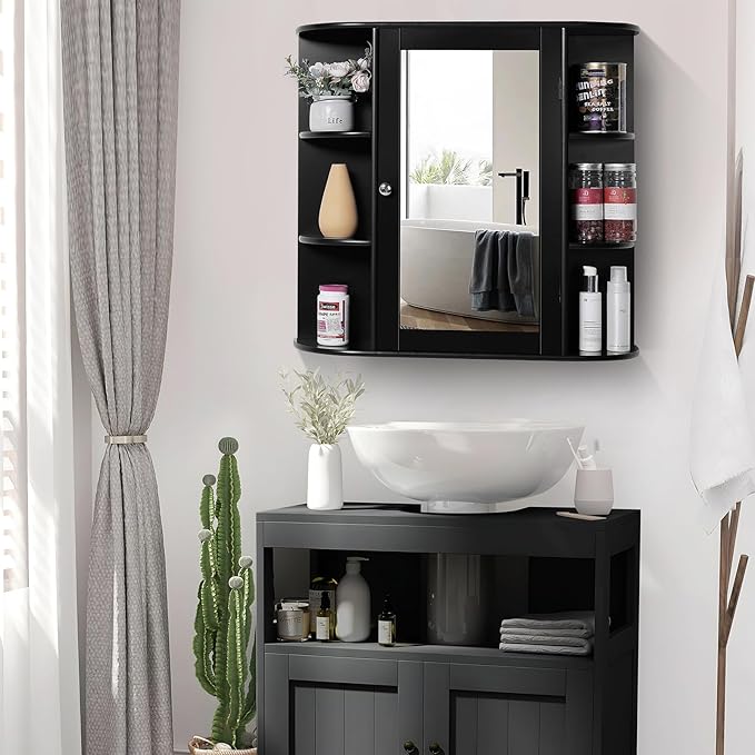 Iwell Bathroom Medicine Cabinet with Mirror, Wall Cabinet with 2 Adjustable Shelves & 6 Open Shelves, Bathroom Cabinet Wall M