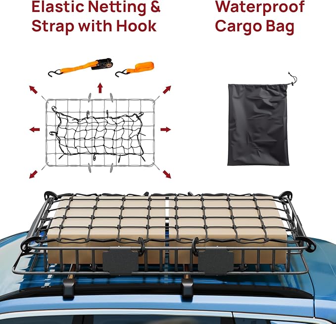 Bonnlo 250lbs Extendable Rooftop Cargo Carrier,64 * 39 * 6inch Universal Roof Rack Basket with Rubber Net,Storage Bag,Straps,for SUV/Truck/Van