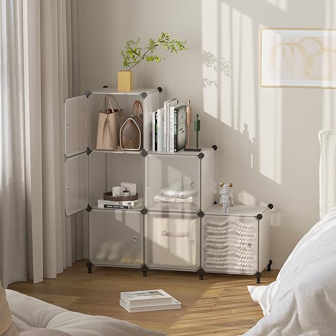 Cube Storage Organizer, 6-Cube Shelves Unit with Doors, DIY Stackable Plastic Clothes Organizer for Bedroom and Under Stairs 