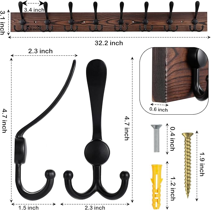 Kuhome 32.2'' Large Coat Rack Wall Mount Coat Hooks Coat Hanger with 8 Metal Black Triple- Hooks Brown Pine Real Wood Plank H
