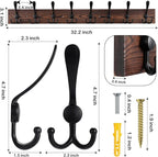 Kuhome 32.2'' Large Coat Rack Wall Mount Coat Hooks Coat Hanger with 8 Metal Black Triple- Hooks Brown Pine Real Wood Plank H