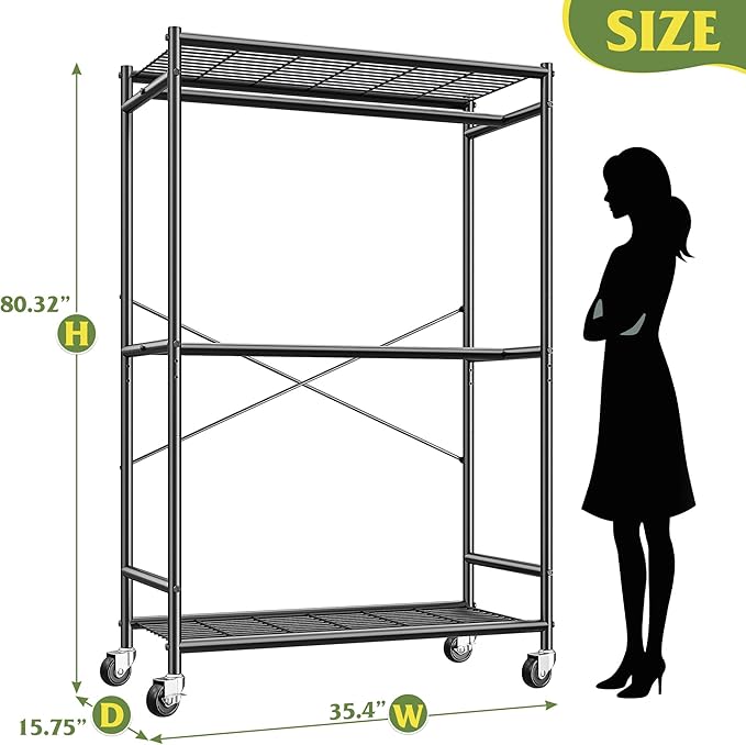 Raybee 80.32" H Clothes Rack,Rolling Clothing Racks for Hanging Clothes Heavy Duty Portable Garment Rack with Wheels 35.4" Wx