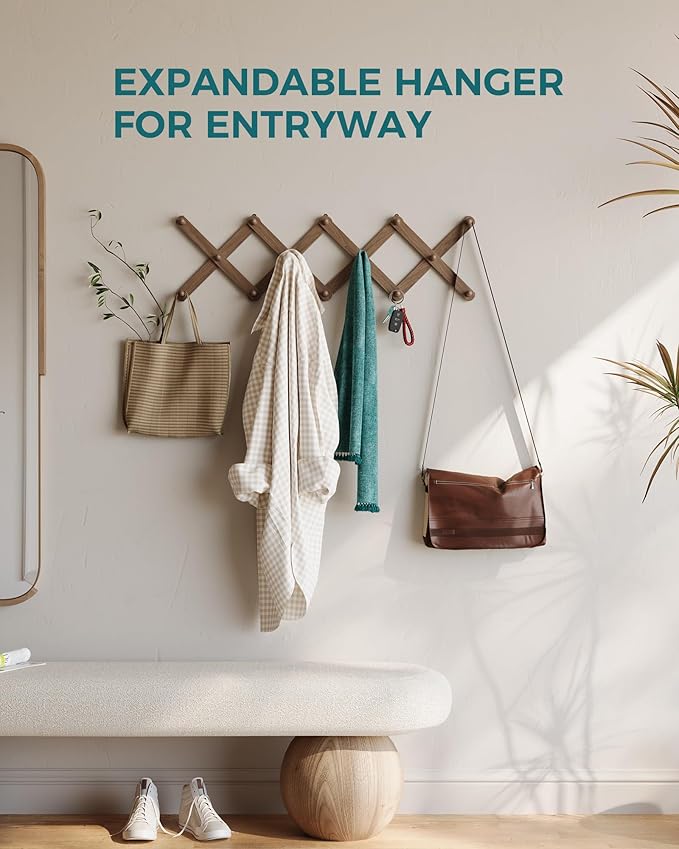 OROPY Wood Accordion Wall Hanger, Expandable Coat Rack Wall Mount with 14 Pegs, Expanding Hat Rack for Wall, X Shape, 27"×10"