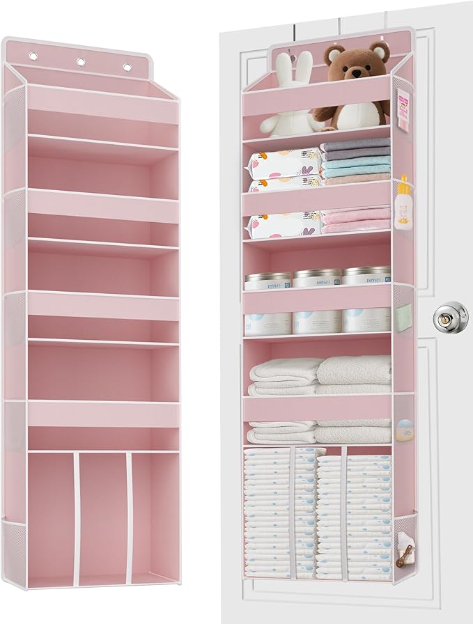 TAHAVICE 1 PC Pink Over the Door Organizer with 1 Large Capacity Caddy, 4 Shelf & 10 Mesh Side Pockets, Pink Stuff Hanging St