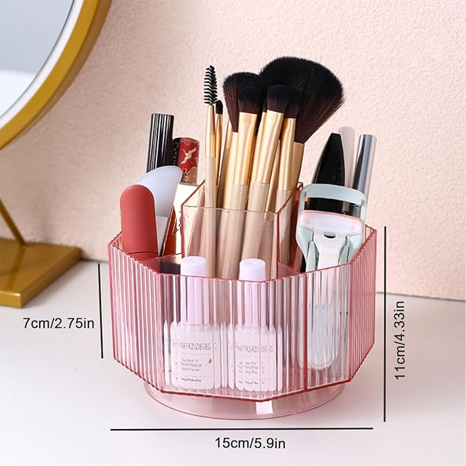 LINFIDITE 360°Rotating Makeup Brush Holder Cosmetic Display Case Clear Makeup Lip Gloss Organizer Case with 5 Slots Round Tur