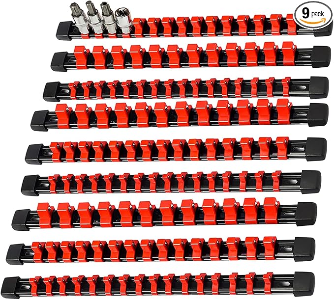 AMM 9-Piece Socket Organizer, 1/2, 3/8 & 1/4 inch Drive ABS Socket Holder, Heavy Duty Socket Racks