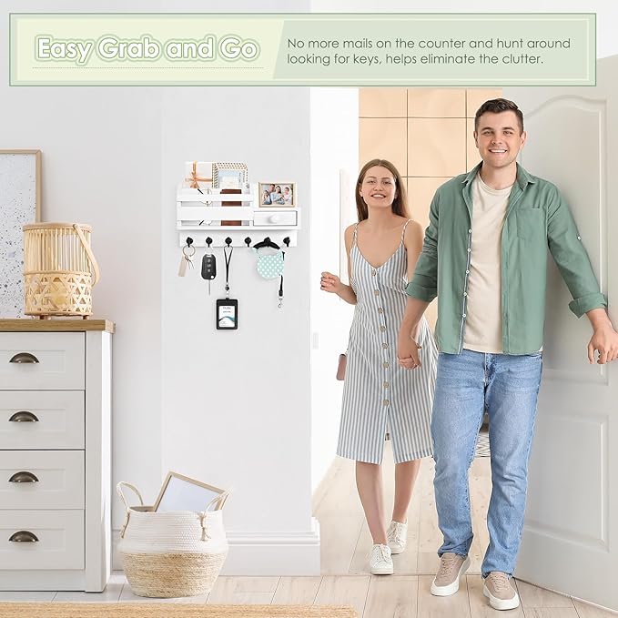 VIS'V Key Holder Wall Mount, Wooden Mail and Key Organizer with Drawer and Shelf, 2 Slots, 6 Hooks, White