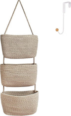 Over the Door Hanging Basket for Organizing 3 Tiers Woven Cotton Rope Wall Mount Storage basket Decorative Kitchen Hanging Or