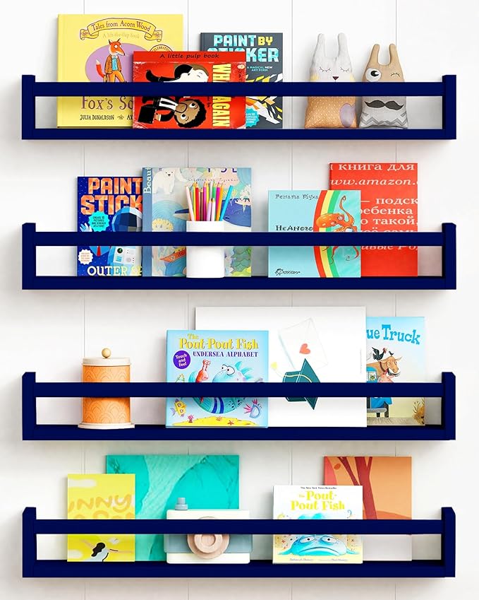 Forbena Wall Book Shelf Organizer for Kids Room Set of 4, Large Floating Book Shelves for Boy Nursery Wall Deocr, 24 Inches W