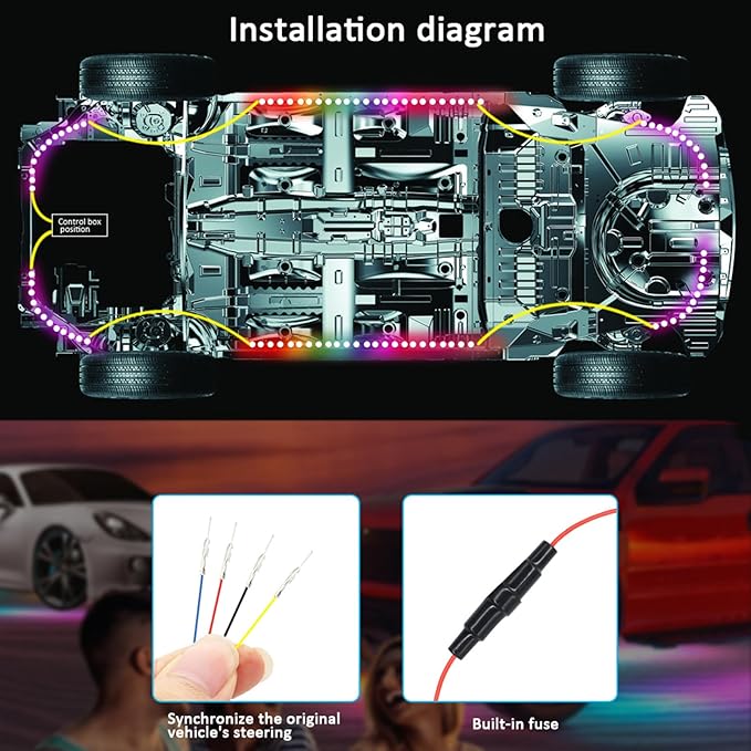 Car Underglow Kit, 12V 6 pcs RGB Led Lights Strip Neon Ambient Sets with Turn Signal for Cars, SUV, Truck Exterior Chassis Colorful Glow Accessories Controlled by APP, Sync to Music
