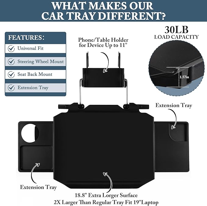 2-in-1 Car Steering Wheel Tray & Car Desk for Laptop with Phone Holder – Height Adjustable Steering Wheel Desk, Car Laptop Desk & Food Tray, Car Table Tray – Fits Cars, SUVs & Trucks
