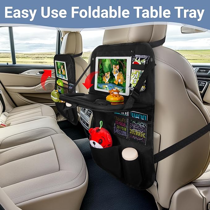 Back Seat Car Organizer with Tablet Holder-2 Pack,6 Storage Pockets Car Storage Organizer with Foldable Food Tray Seat Back Protectors Kids Kick Mats for Travel