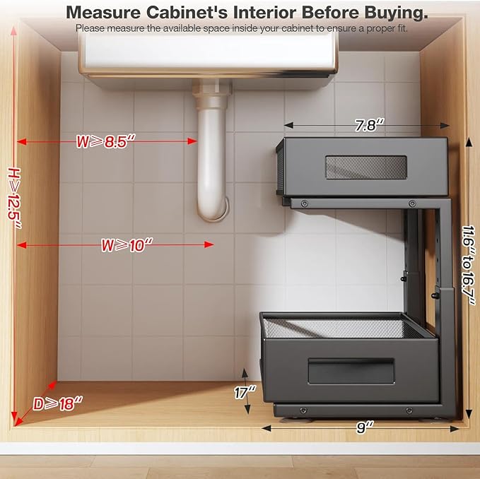 2 Packs 17IN Depth Under Sink Organizer, 2-Tier Pull Out Cabinet Organizer With Smooth Circular Rail, Large Capacity Metal Me