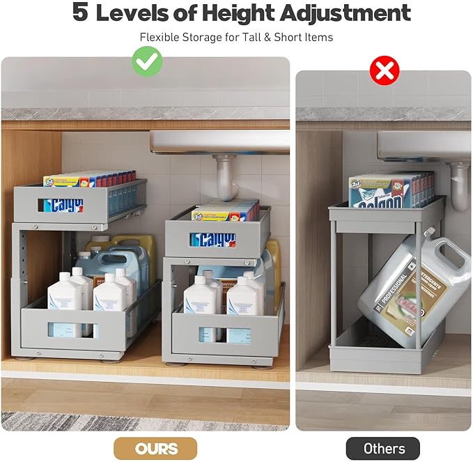 1 Pack 19IN Depth Under Sink Organizer, 2-Tier Pull Out Cabinet Organizer With Smooth Circular Rail, Large Capacity Metal Mes