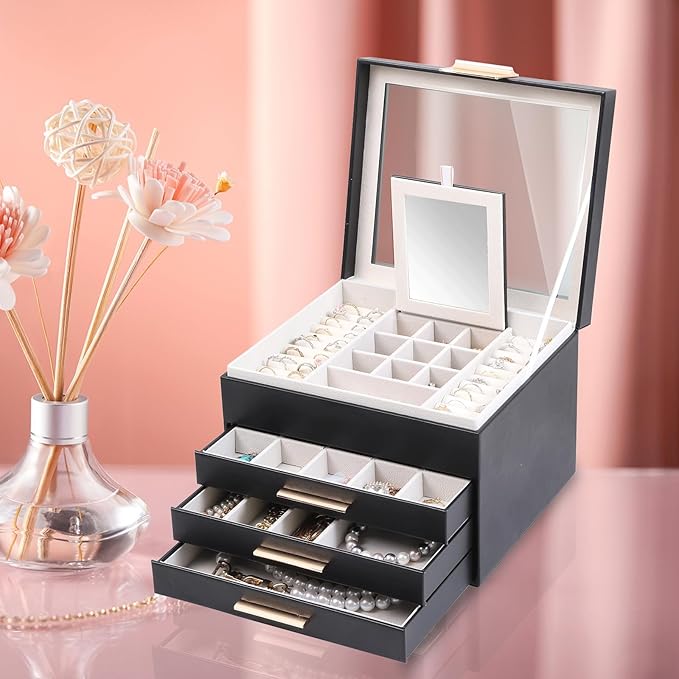 BOOVO Clear Lid Jewelry Box,4 Layers Jewelry Organizer Large Jewelry Storage Box with 3 Drawers,Jewelry Holder Organzier of R