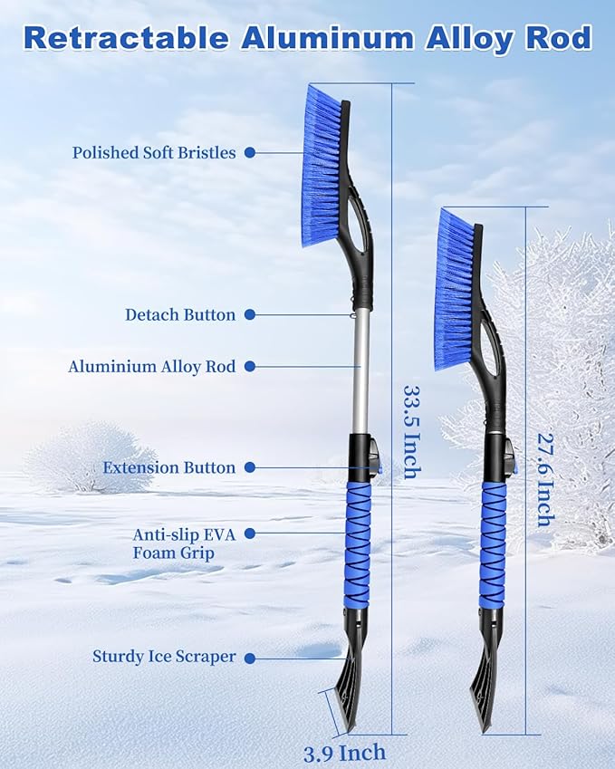 33'' Snow Brush and Ice Scraper for Car Windshield, Aluminum Extendable Snow Removal Tool for Car Window with Foam Grip, Soft Broom Head for Car SUV Vehicle Winter Accessories