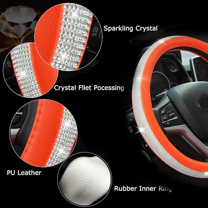 New Diamond Leather Steering Wheel Cover with Bling Bling Crystal Rhinestones, Universal Fit 15 Inch Car Wheel Protector for 