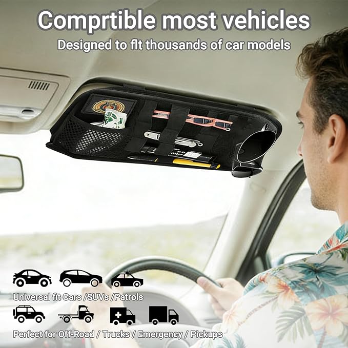 Car Sun Visor Organizer, Adjustable Straps Tactical Visor Organizers with 1000D Polyester Zipper Visor Storage Pouch & Sunglasses Holder Clip, Fits Most Vehicles, SUVs, Pockets, Trucks (Black)