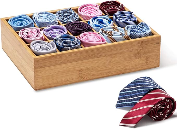 GOBAM Bamboo Closet Drawer Divider - Storage Organizer with 15 Compartments, Drawer Organizer, Storage Box for Belts, Ties, B