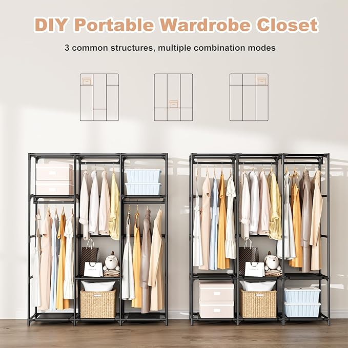 Wardrobe Closet Portable Closets for Hanging Clothes Large Capacity Clothes Rack with Cover, 3 Hanging Rods, 6 Shelves and 8 