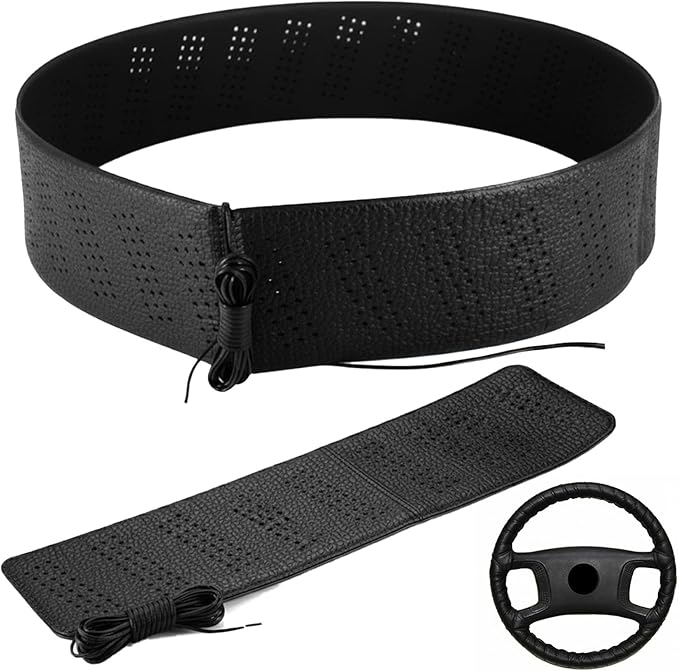 Black Lace-On Steering Wheel Cover, 14–15 Inch Universal Fit, Retro Classic Style for Cars Trucks SUVs, Stretch Grip,Accessor