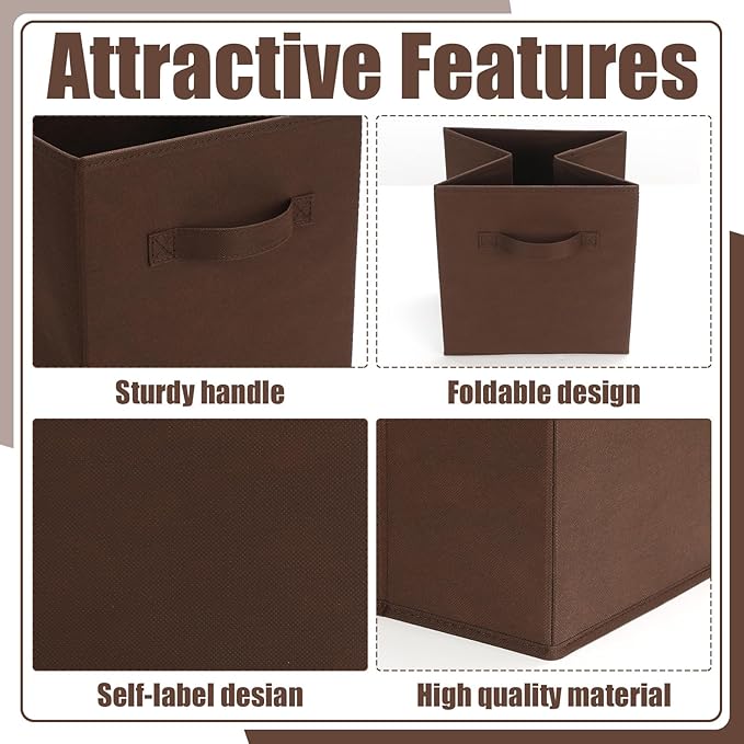 Karenhi 11" x 10. 5" x 10. 5" Brown Gray Storage Cube, 6 Pack Fabric Cube Storage Bins Organizer Box, Collapsible Baskets wit