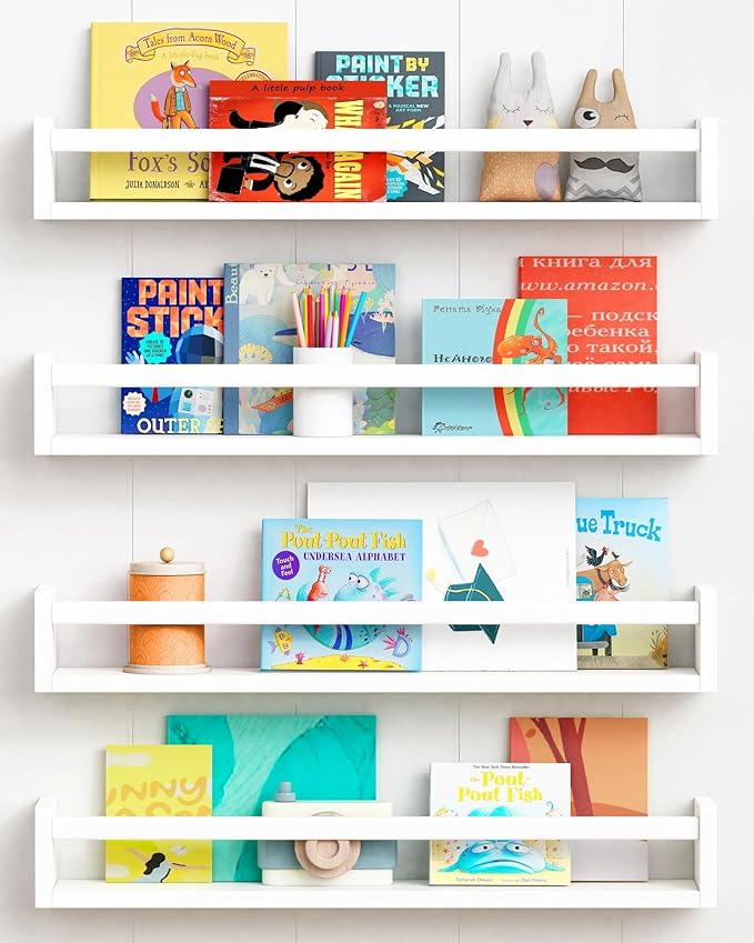 Forbena 24 Inch Wall Bookshelf for Kids Bedroom Set of 4, White Floating Nursery Book Shelves for Baby Toddler Children Girls