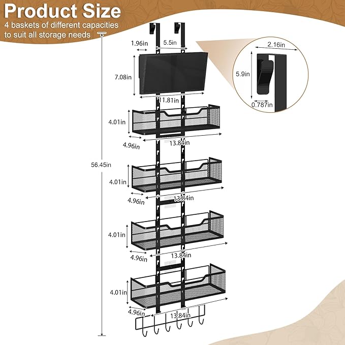 Hongtamoya Adjustable Over The Door Organizer, Closet Door Organizer Heavy Duty Hanging Door Storage with 4 Metal Baskets and