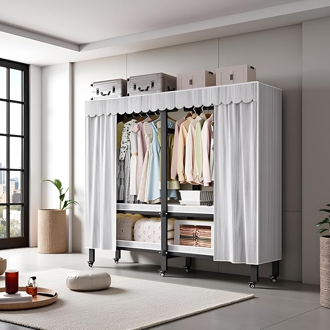 Heavy Duty Portable Wardrobe, Metal Foldable Covered Clothes Rack, 1500LBS, Freestanding Closet System Rolling Garment Rack, 