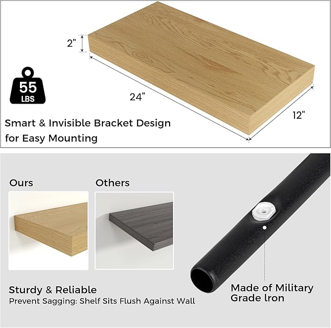Floating Shelves for Wall, 24 Inch Wide x 12 Inch Deep Floating Shelves, Long Wood Floating Wall Shelf Shelves for Living Roo