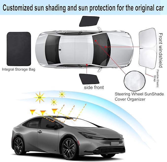 3PCS Car Window Shades Front Windshield Sun Shade Foldable Window Shade Custom Fit for Toyota Prius 2023-2026 Accessories Car Shades for Front Windows Anti-UV Rays Block Heat