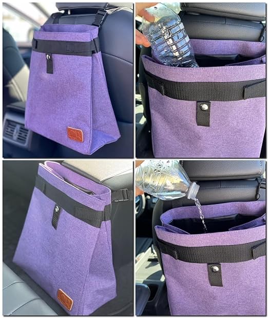 Car Trash Can Hanging for Headrest, Extra Large Waterproof Auto Garbage Bag Organizer, Collapsible Vehicle Waste Bin (Purple)