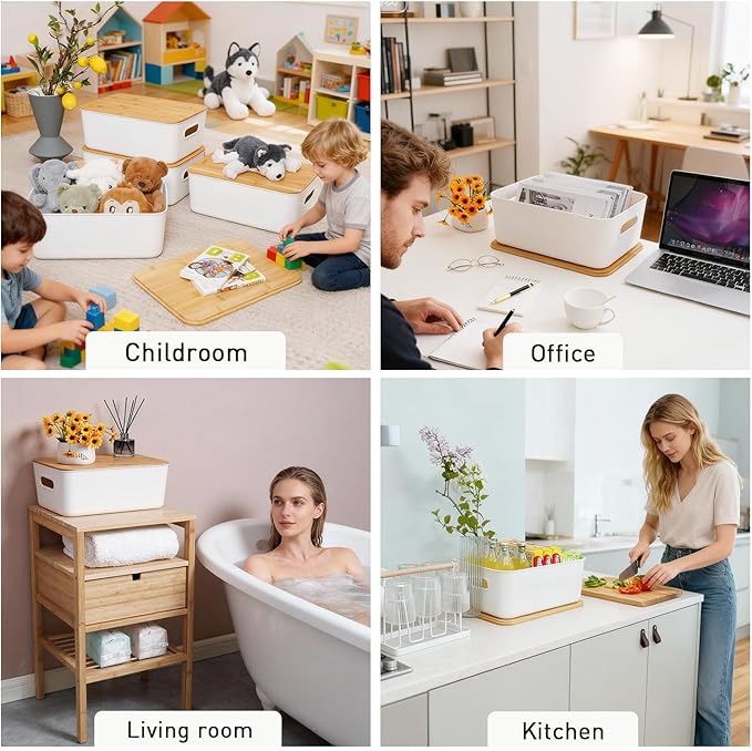 Citylife Storage Bins with Bamboo Lids 16QT Plastic Storage Containers Stackable Organizer Boxes with Handle for Desk Snacks,