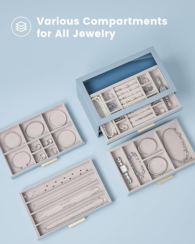 Lolalet Jewelry Box Organizer, 4-Layer Jewelry Organizers and Storage Case with Glass Lid, Ring Earring Bracelet Necklace Hol