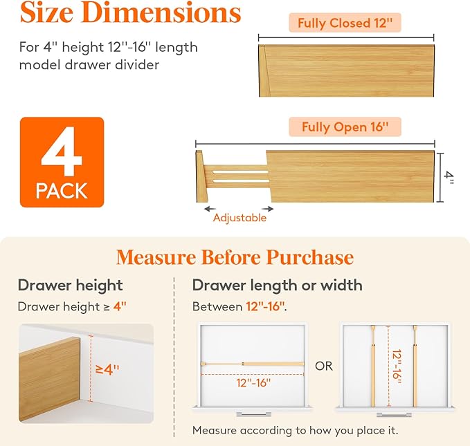 Lifewit 4" High 4 Pack Bamboo Drawer Dividers 31-40cm/12-16 Adjustable Wooden Drawer Organizer for Clothes/Utensils, Expandab
