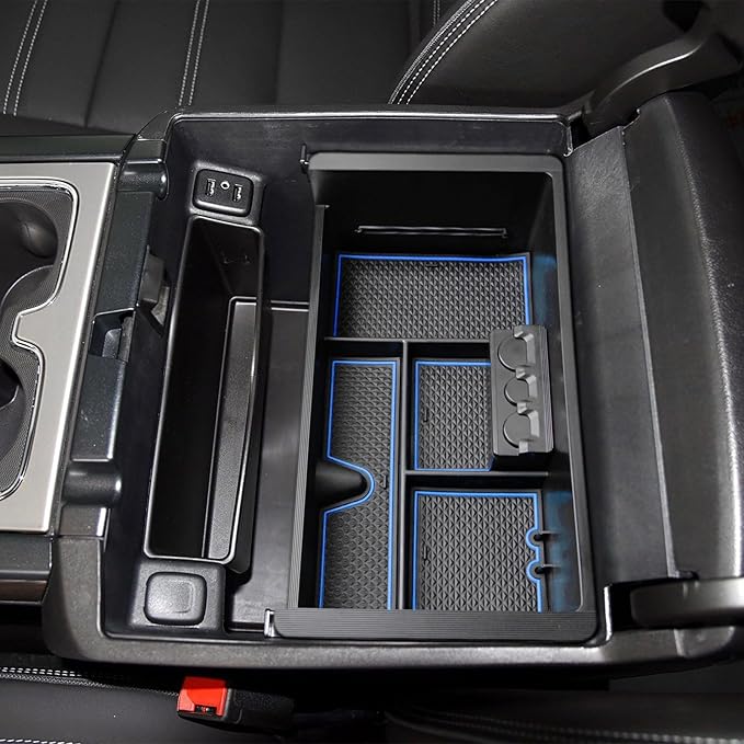 EDBETOS Center Console Organizer Tray Compatible with GMC Sierra 1500 Accessories/Silverado 1500 2014-2018 / Silverado 2500/3500 HD 15-19 /Suburban/Tahoe/Yukon 15-20 Armrest Storage Box (Blue Trim)