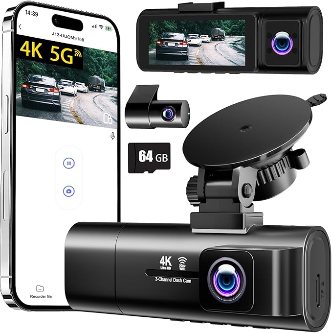 4K Dash Cam Front and Rear Inside,3.16" IPS,3 Channel Dash Cam for Car with 5G WiFi,Free 64GB Card,170° Wide Angle,Loop Recor