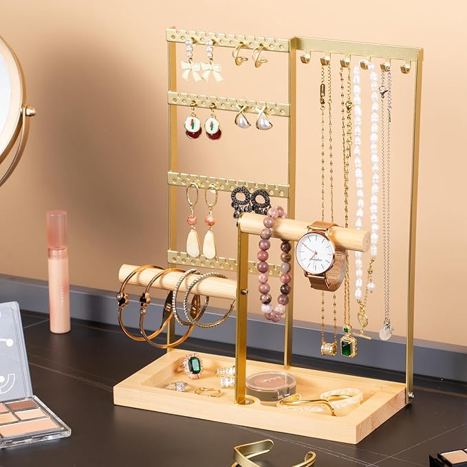 Jewelry Organizer Stand, Jewelry Holder, Lengnoy 4 Tier Earring Holder with 48 Holes and 6 Hooks Necklace Organizer Wood Box 