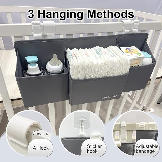 Hanging Baby Diaper Caddy, 3-in-1 Diaper Caddy Organizer Holder For Baby Crib, Nursery Organization Diaper Stacker Storage Fo