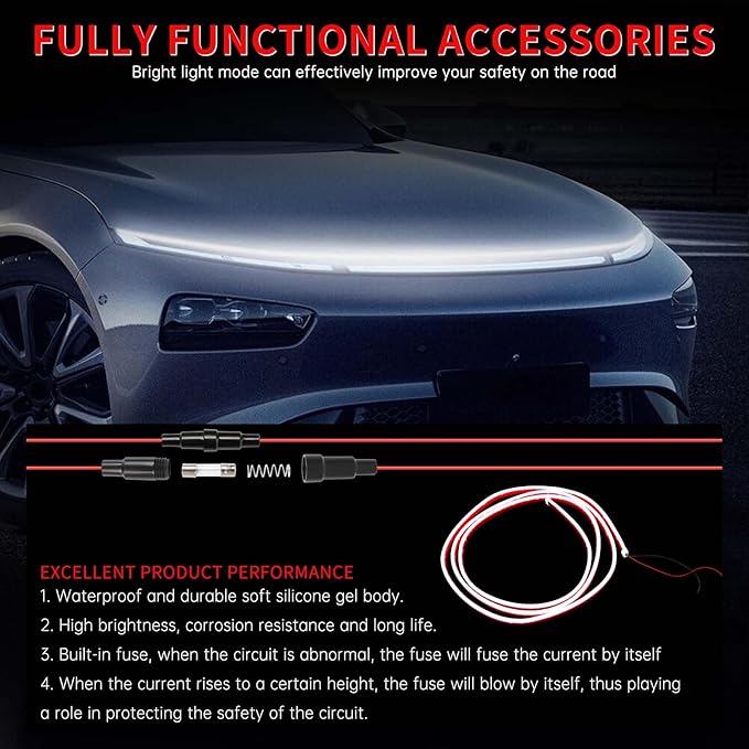 94.5 Inch Car Hood Light Strip, White Exterior Dynamic Car LED Hood Light, Flexible & Waterproof, Universal Exterior Daytime Running Light Strip with Fuse Protection for Cars, SUVs, Trucks