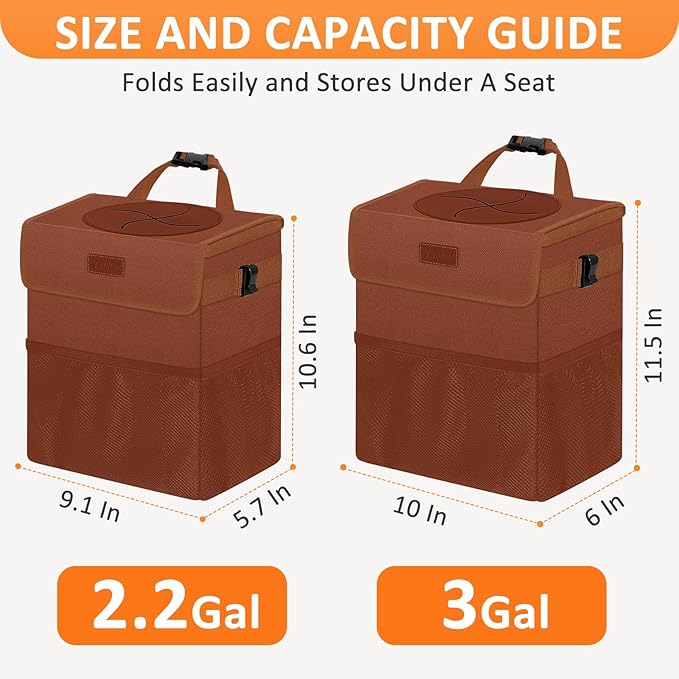 Car Trash Can, Brown, 2.2 Gallons Capacity, Waterproof, Polyester Material, Adjustable Strap, Hanging Design, Leakproof Lining, 100% PEVA Thickness